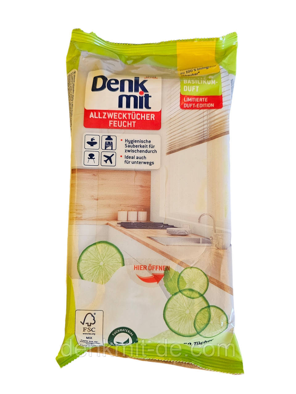 Вологі серветки для прибирання Denkmit Allzwecktücher Feucht Limette & Basilikum, 50 шт.