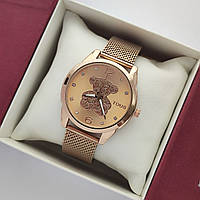 Женские наручные часы Tous (тоус) розовое золото, мишка на циферблате, браслет-сетка (кольчужный) - код 2386b