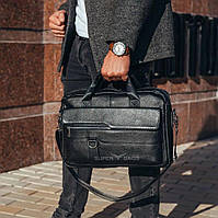 Деловая сумка-портфель из натуральной кожи для ноутбука и документов черная Tiding Bag TD