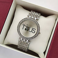 Женские наручные часы Tous (тоус) серебряного цвета, два ряда камушек вокруг циферблата - код 2394b