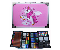 Набір для дитячої творчості та малювання 145 предметів  в алюмінієвій валізі єдиноріг Рожевий