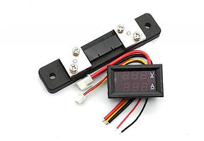 Цифровий вольтметр/амперметр 100В, 100A з шунтом - червоний/синій