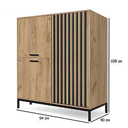 Невисока шафа з полицями KM-2 Lamino 94 см дуб крафт і чорна з рейковим фасадом у сучасному стилі у зал