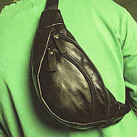 Черная сумка-бананка на пояс из натуральной кожи для мужчин