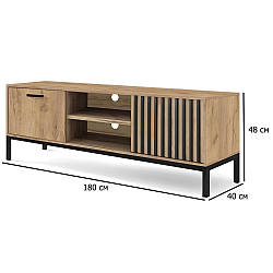 Довга тумба під телевізор RTV-1 Lamino 180 см дуб крафт і чорний з рейковим фасадом на ніжках у вітальню