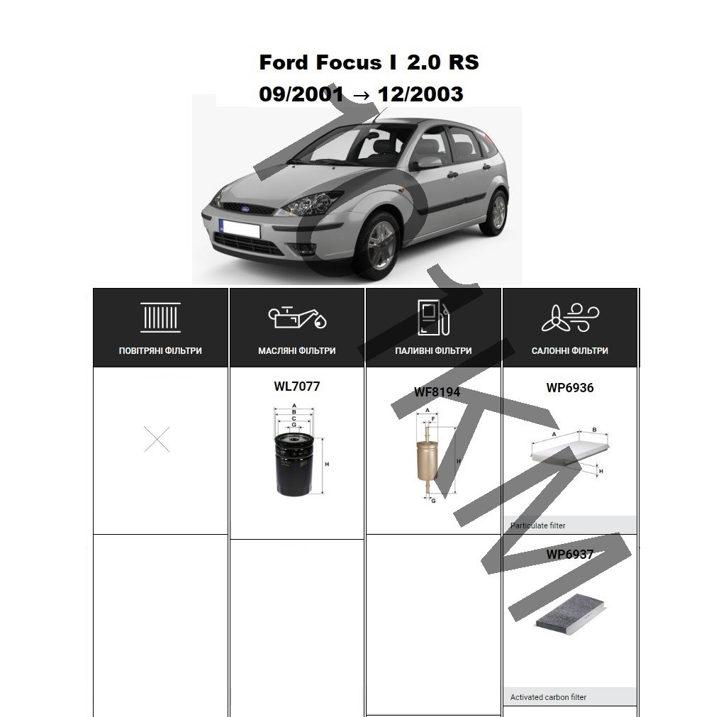 Комплект фільтрів Ford Focus I 2.0 RS (2001-2003) WIX, фото 1