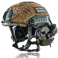 Каска шолом "FAST" Олива NIJ III + Активні навушники EARMOR M32 кріплення "Чебурашки" Кавер Мультиким