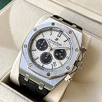 Мужские часы Audemars Piguet Royal Oak Chronоgraph Silver White AAA хронограф на кожаном ремешке