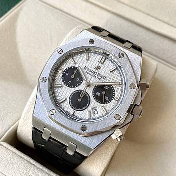 Чоловічий годинник Audemars Piguet Royal Oak Chronograph Silver White AAA-хронограф на шкіряному ремінці