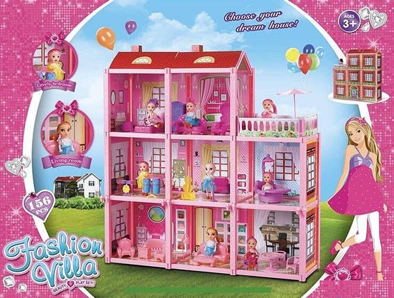 953 Будиночок 3 поверхи, меблі, лялька 10 см, 156 деталей, будинок 63х17х65 см, у коробці, фото 1
