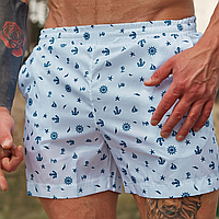 Плавки-шорты мужские пляжные для бассейна и плавания до колен с принтом быстросохнущие якоря/штурвал белый