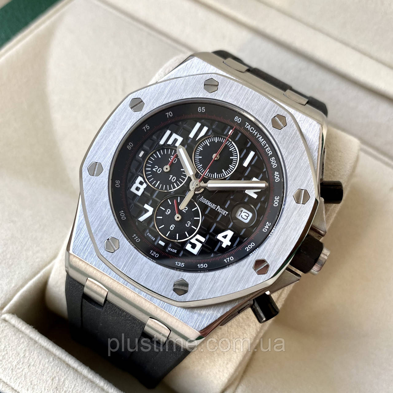 Чоловічий годинник Audemars Piguet Royal Oak Offshore Silver Black AAA-хронограф на каучуковому ремінці