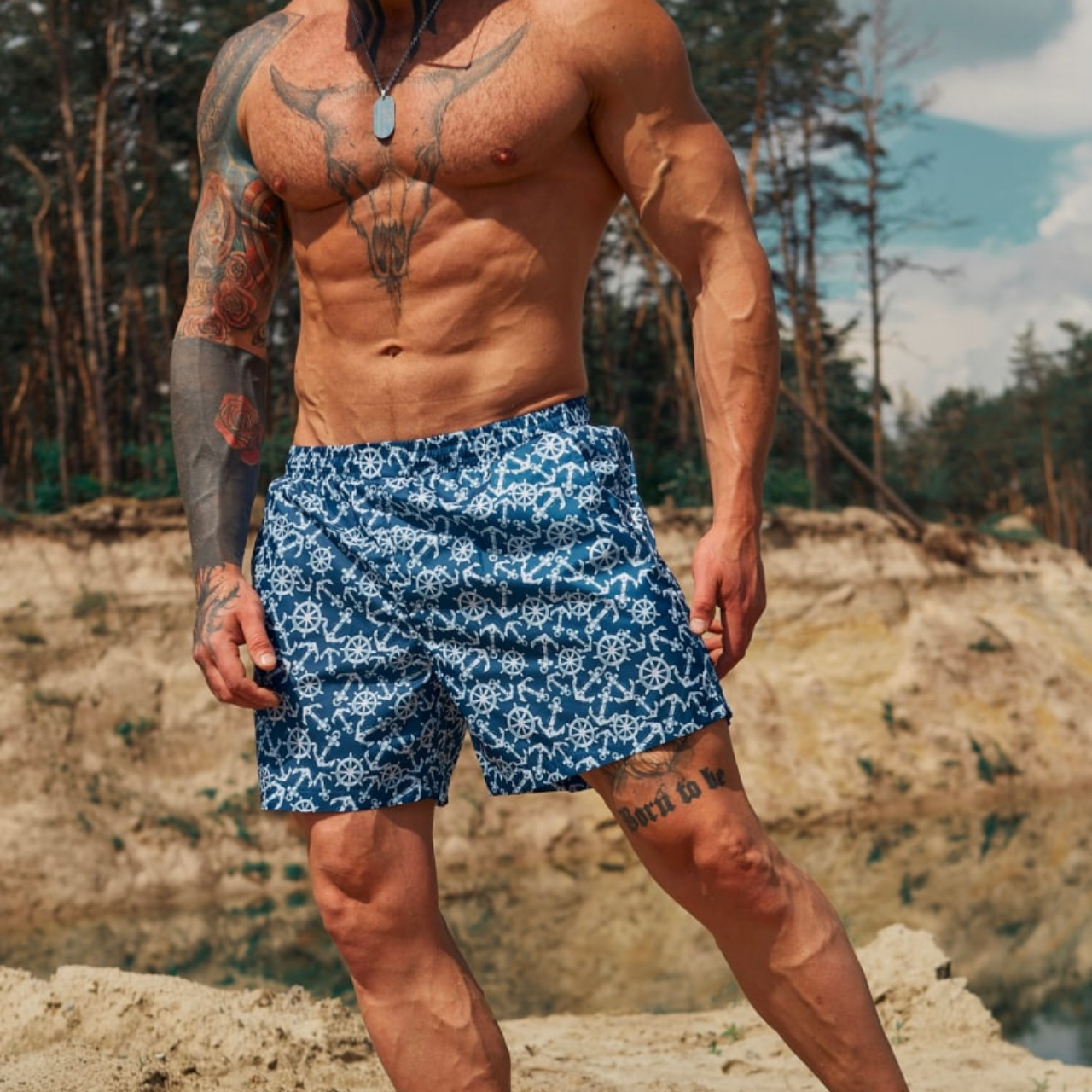 Плавки-шорти чоловічі пляжні для басейну і плавання до колін з принтом швидковисихаючі штурвал сині
