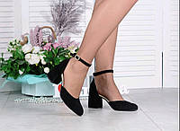 Туфли замшевые на устойчивом каблуке женские с ремешком черные