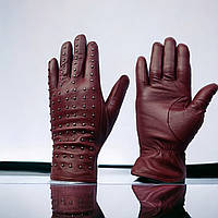 Перчатки кожаные женские на натуральной шерсти бордовые Pitas 1196_7,5