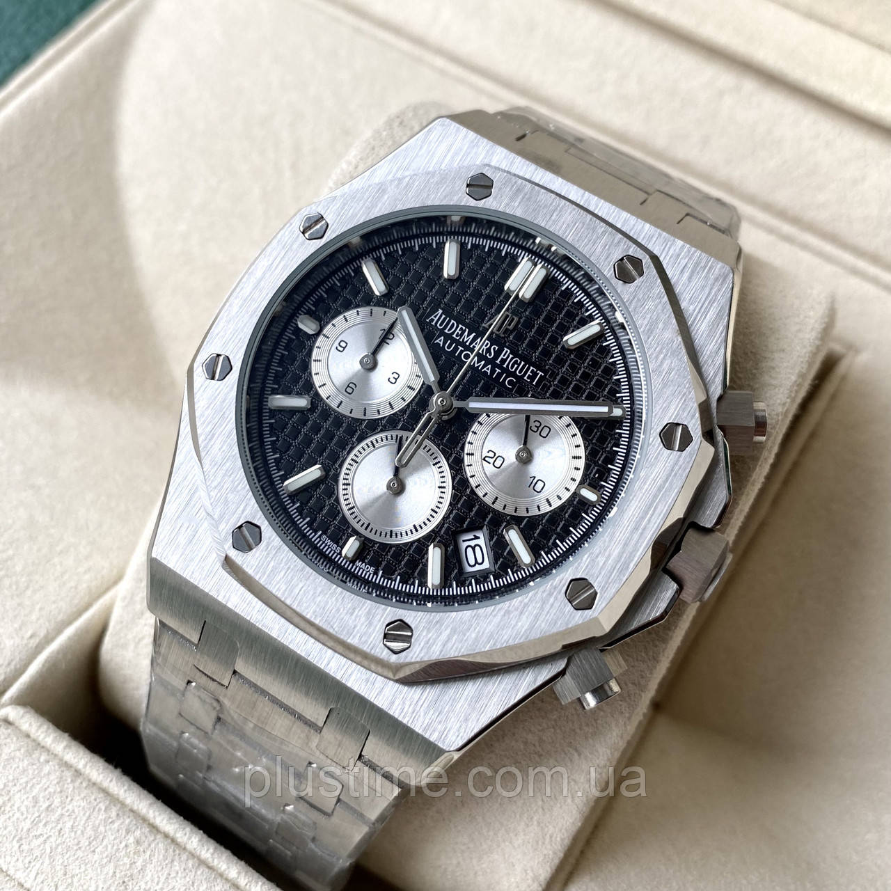 Чоловічий годинник Audemars Piguet Royal Oak Black White Chronograph AAA кварцовий хронограф на сталевому браслеті