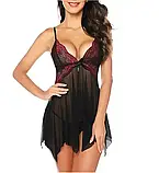 Жіночий чорний пеньюар з червоним мереживом на грудях, фото 4