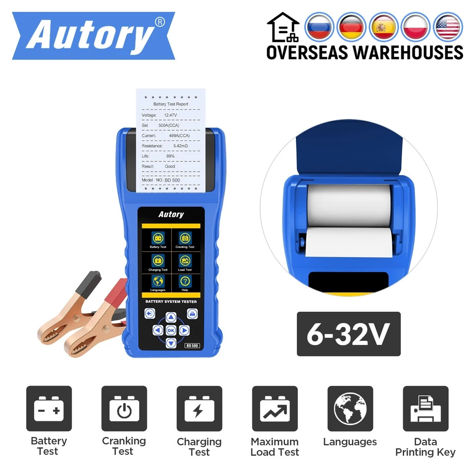 Тестер АКБ AUTORY BD500 12 V 24 V аналізатор автомобільних акумуляторів (з міні принтером), фото 1