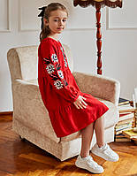 Вишита дитяча сукня на червоному льоні,орнамент квіти