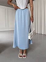 Голубая женская базовая повседневная легкая шелковая юбка длины миди на резинке