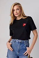 Женская футболка черная стильная футболка с принтом модная футболка трикотажная футболка вишитое сердце