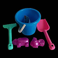 Ведро голубое детское пластмассовое игрушечное с набором пасочек и лопаткой, песочный набор 5 предметов сетка