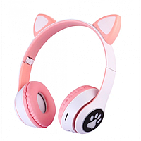 Беспроводные наушники с кошачьими ушками и RGB подсветкой FM радио, micro SD Cat MZ-023 Розовые с белым un