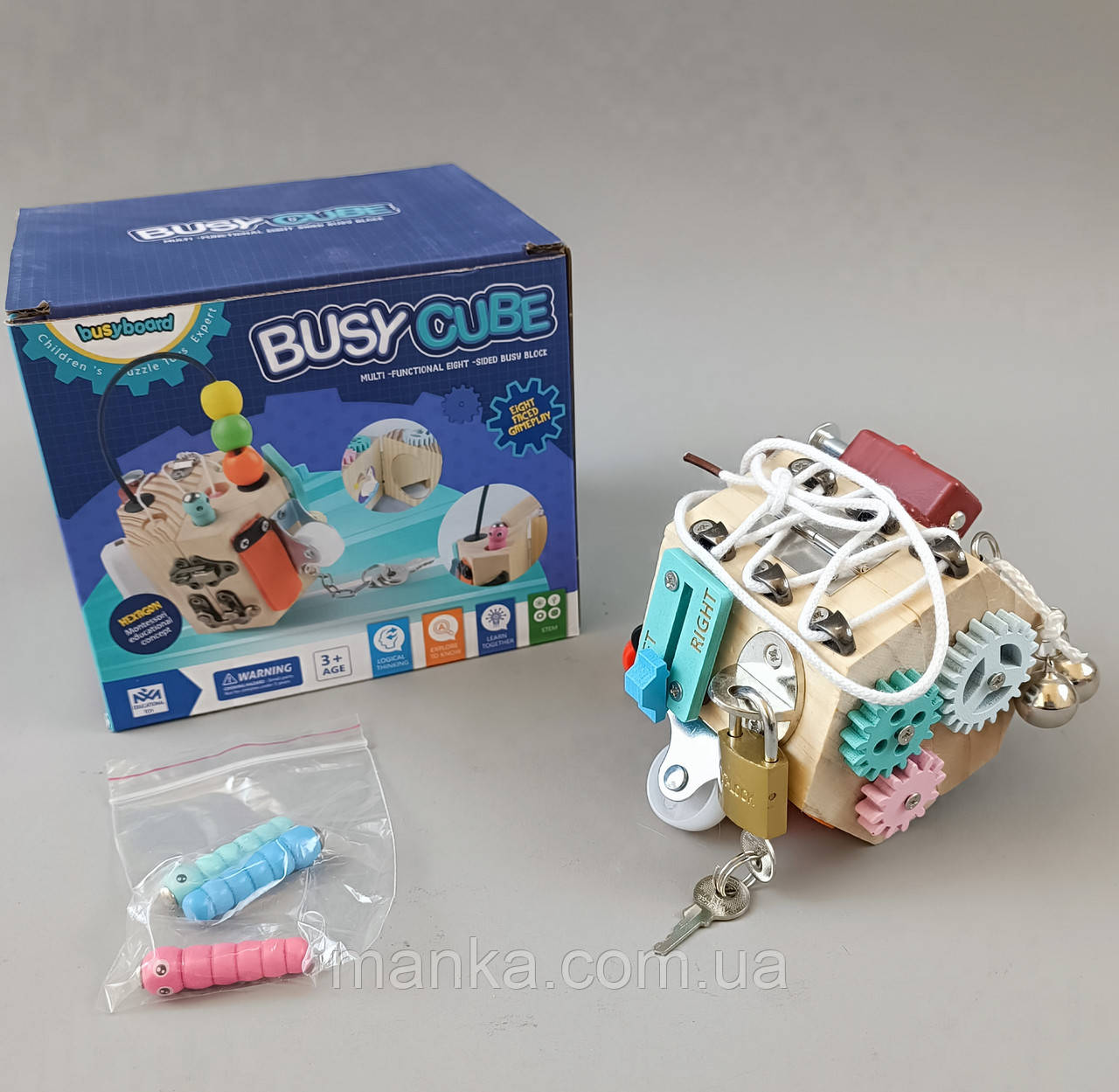 Бізіборд бізікуб міні дерев’яний Логічна гра-бізіборд C 64873 куб, 10 міні-ігор, в коробці, фото 1