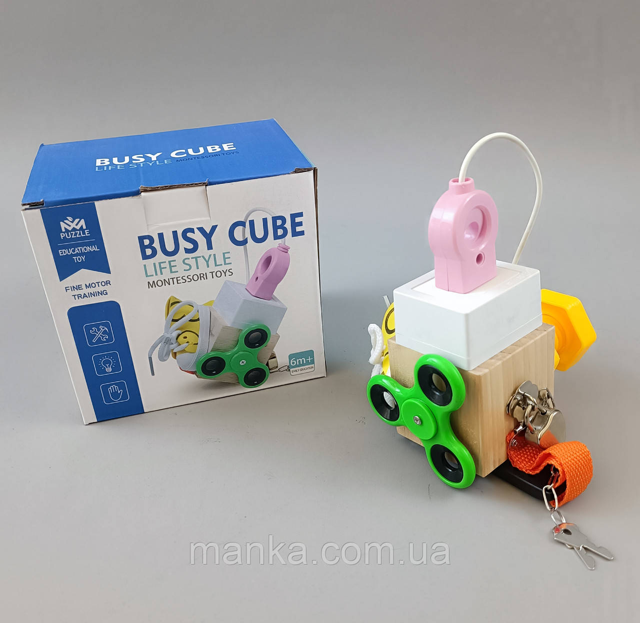 Бізіборд бізікуб міні дерев’яний гра-бізіборд C 64879 куб, 6 міні-ігор, в коробці, фото 1