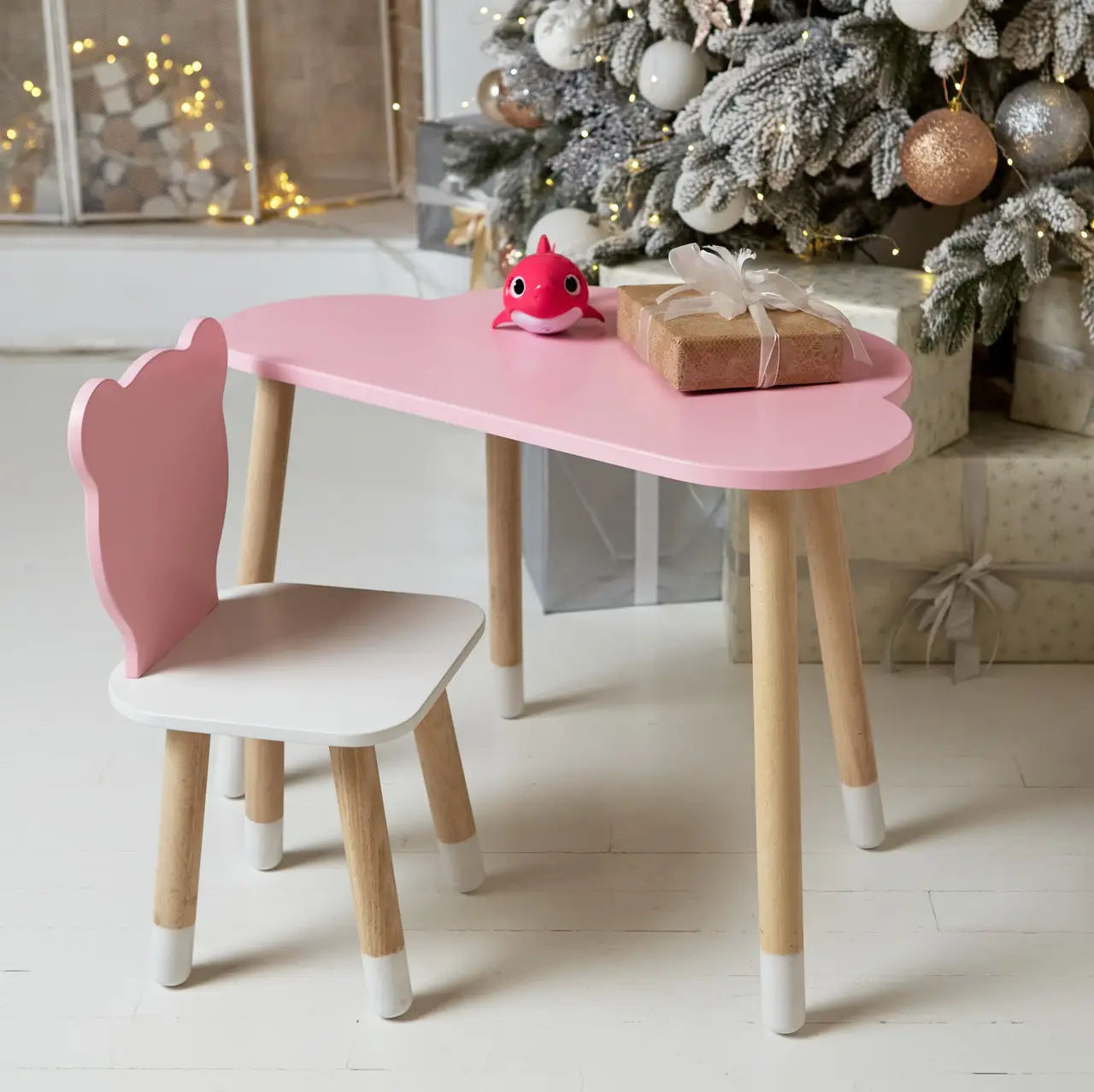 Дитячий комплект столик Хмара (Рожевий) і стільчик Ведмедик (Рожевий з білим)