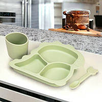 Набор силиконовой посуды для детей динозавр 3 предмета тарелка, ложка, стаканчик зеленый