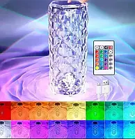TRE Настольная аккумуляторная лампа с пультом 22см ночник Роза с пультом RGB Crystal Rose.