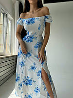 Летнее женское красивое платье миди в цветочный принт с коротким рукавом