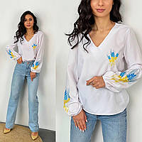 Белая женская блуза с патриотическим принтом софт 42-44, 46-48, 50-52