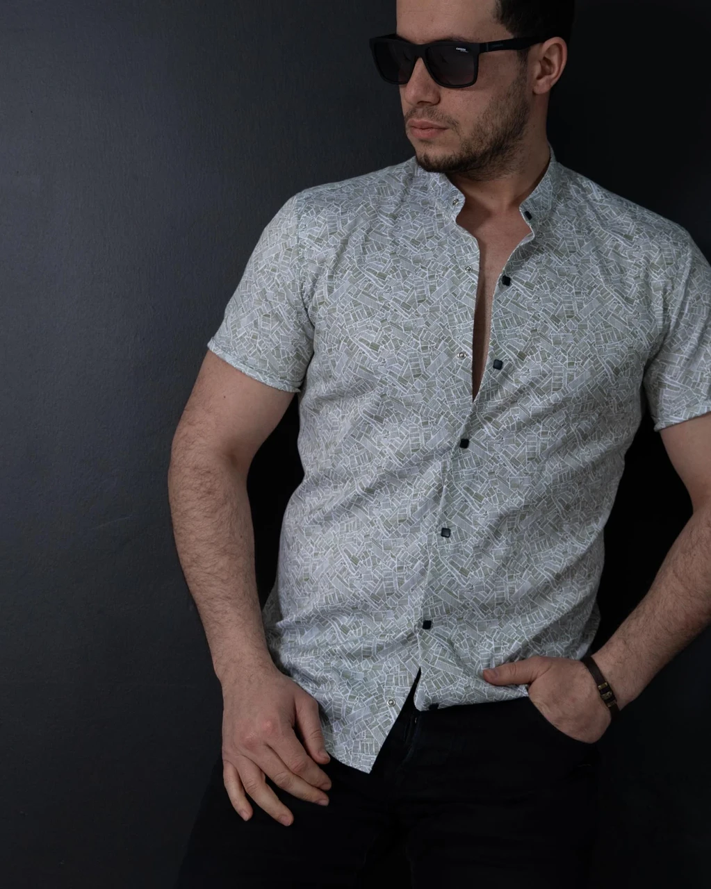 Сорочка з коротким рукавом стійка на кнопках у зелений принт S M L XL XXL 01-164-818, фото 1