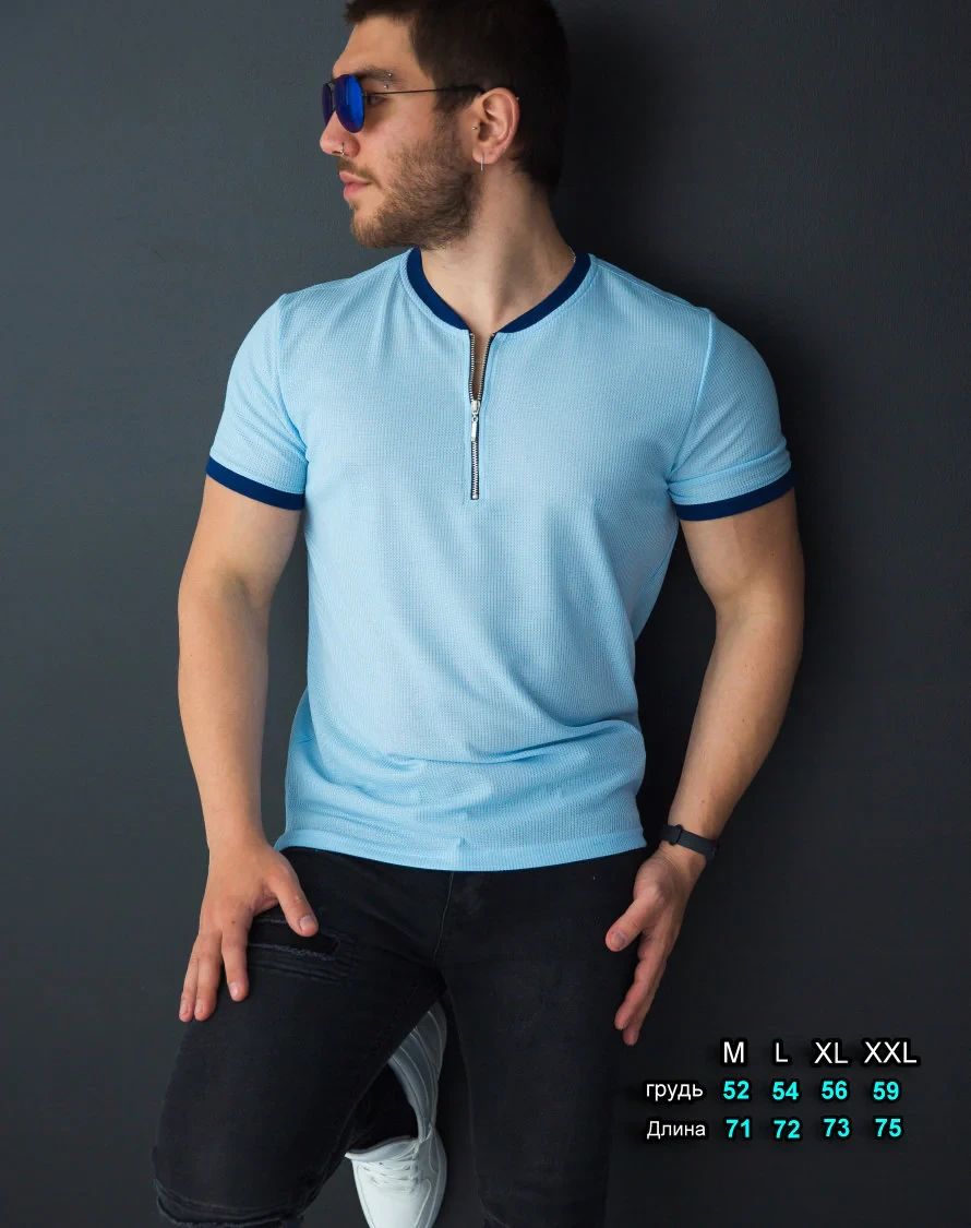 Футболка поло блакитна з дизайнерським коміром на замку L XL 23-96-001, фото 1