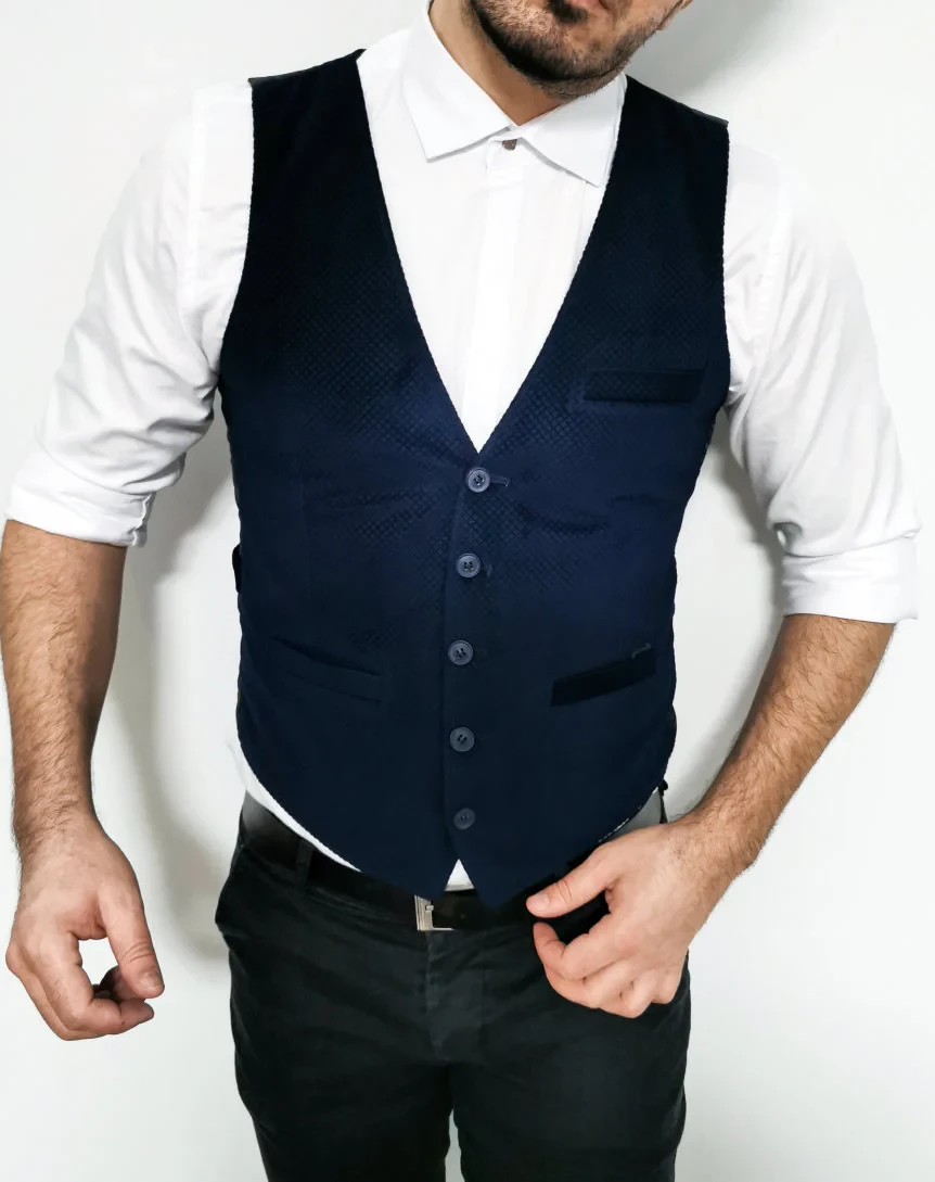 Темно-синій жилет вельветовий з мікро орнаментом по тканині S XL 35-J1-041, фото 1