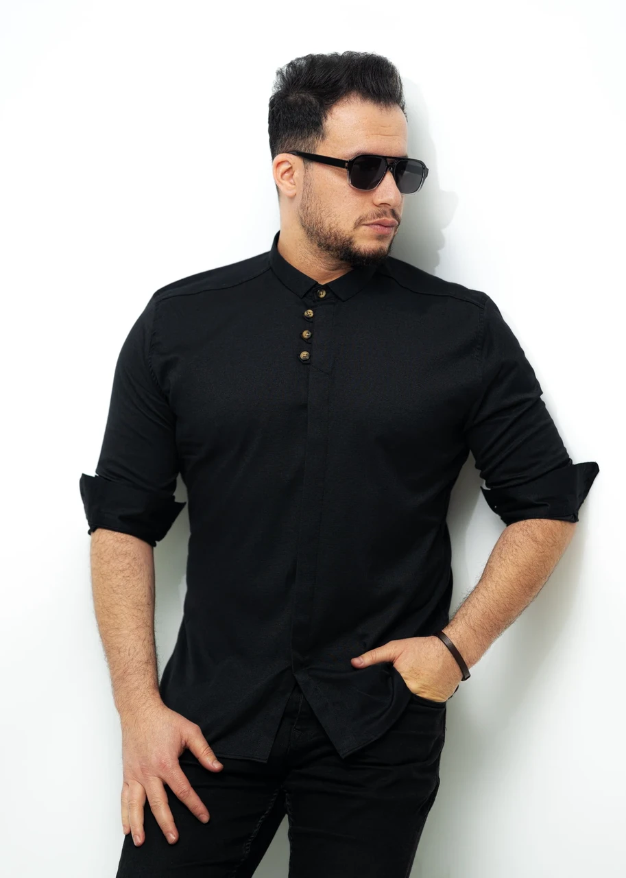 Сорочка дизайнерська на ґудзиках із класичним коміром чорна M L XL XXL 3XL 80-89-602