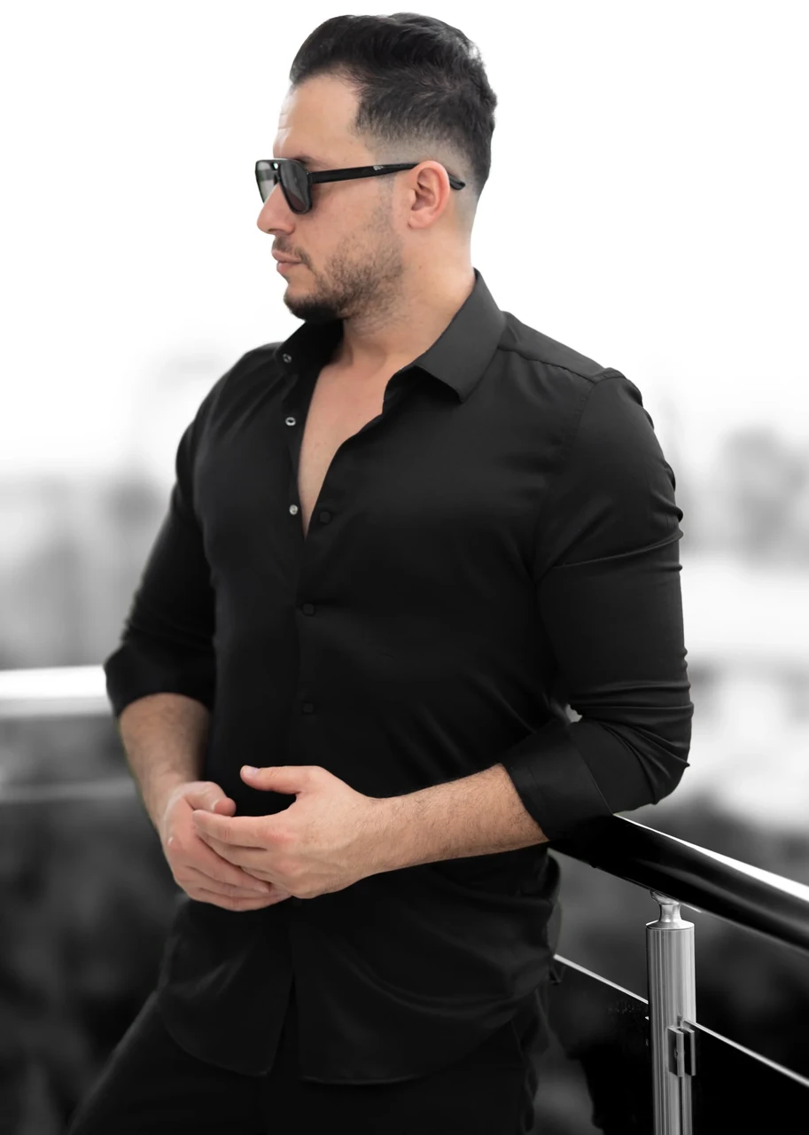 Чорна приталена сорочка на кнопках L XXL 3XL 80-04-502, фото 1