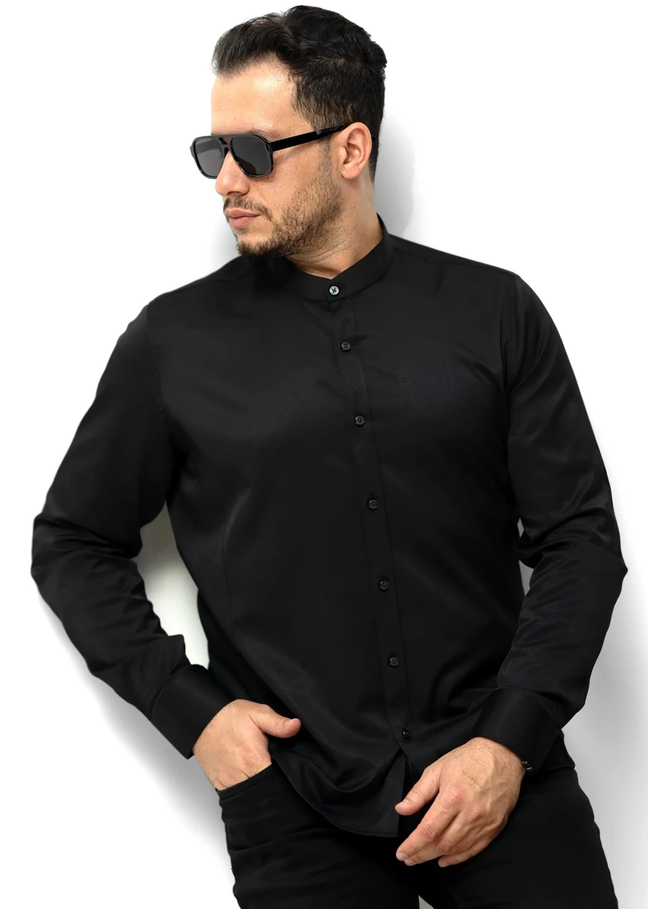 Чорна базова приталена сорочка без коміра M L XL XXL 3XL 80-28-401, фото 1