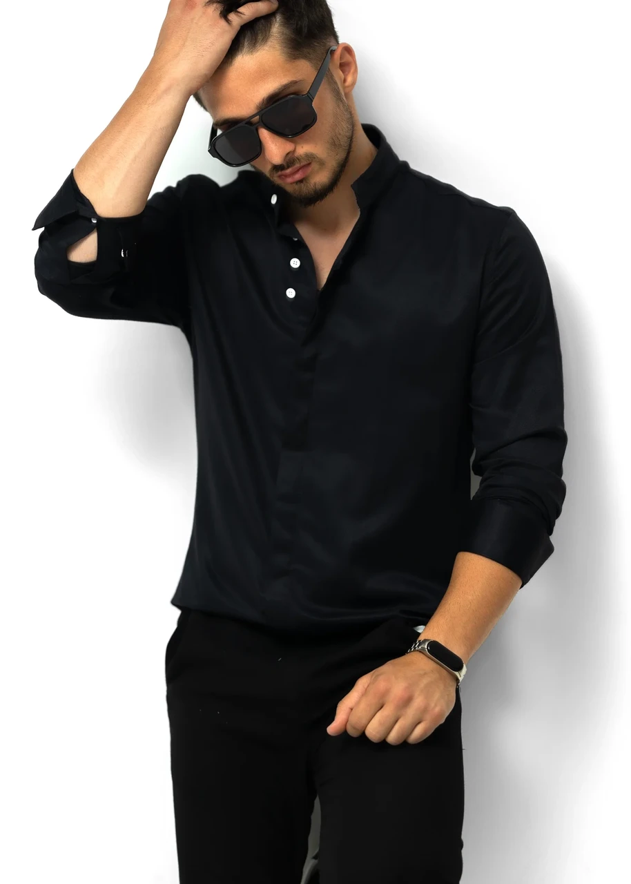 Чоловіча Сорочка Слім-Фіт Чорна з Контрастними Ґудзиками та Стійкою M L XL XXL 80-91-5021, фото 1