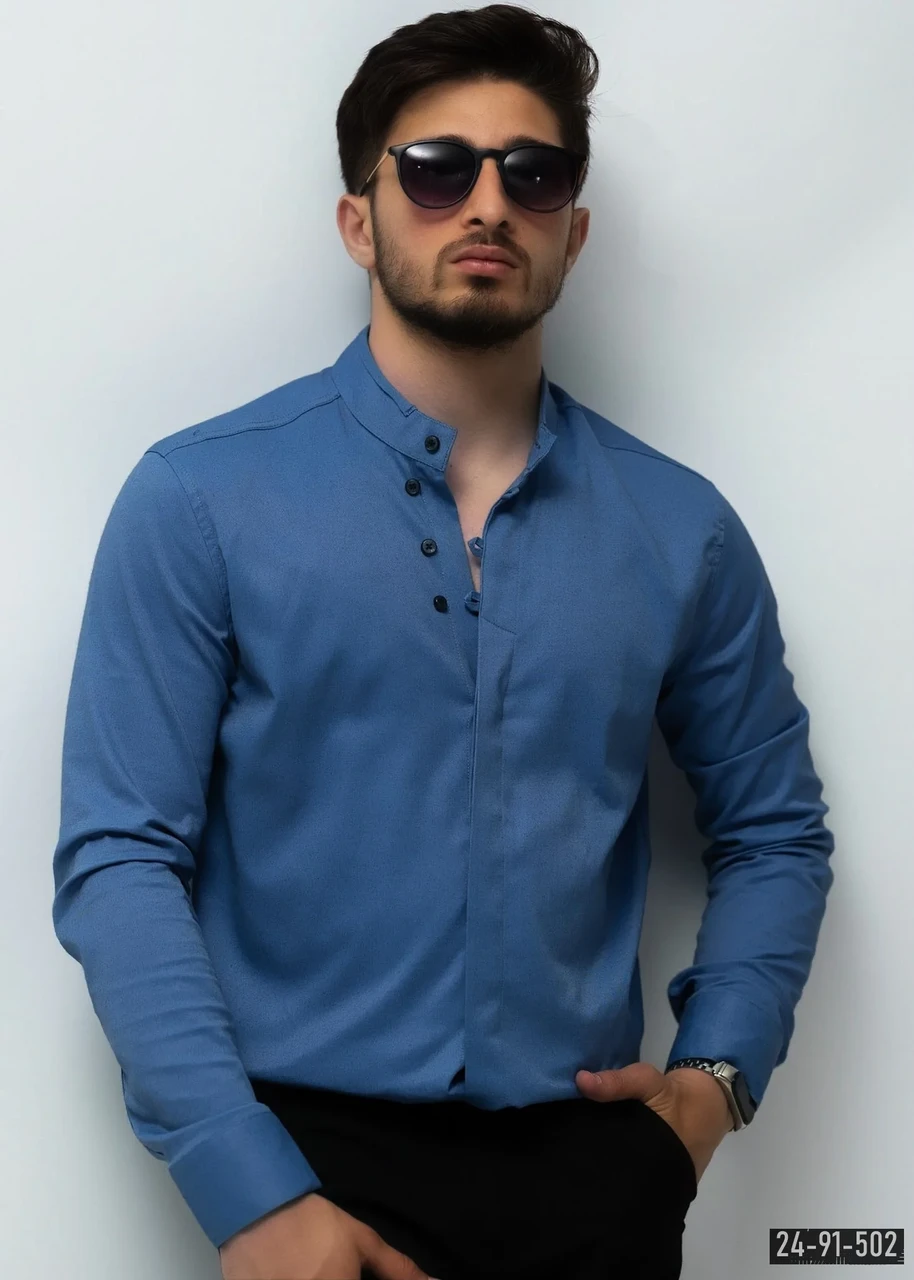 Чоловіча Сорочка Слім-Фіт Небесно-Синя з Стійкою M L XL XXL 3XL 24-91-502
