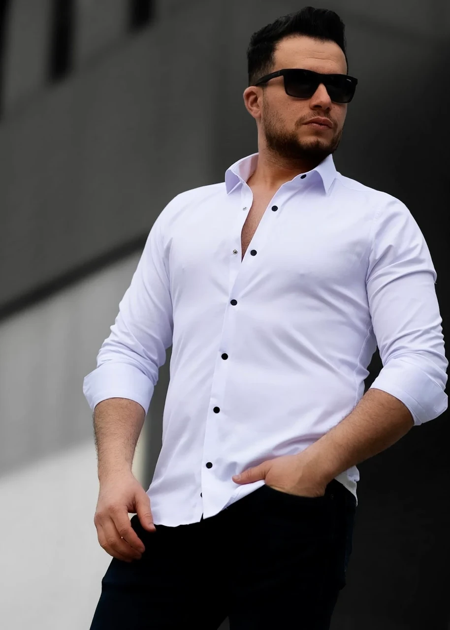 Приталена сорочка на контрастних кнопках під костюм S M L XL XXL 01-04-4012, фото 1