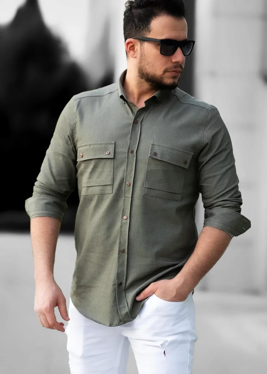 Чоловічі сорочки з тонкого джинсу кольору хакі з кишенею M L XXL 32-214-502