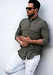 Чоловічі сорочки з тонкого джинсу кольору хакі з кишенею M L XXL 32-214-502, фото 3