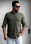 Чоловічі сорочки з тонкого джинсу кольору хакі з кишенею M L XXL 32-214-502, фото 4