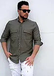 Чоловічі сорочки з тонкого джинсу кольору хакі з кишенею M L XXL 32-214-502, фото 6