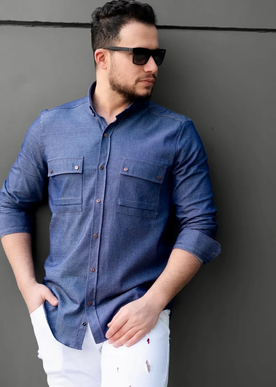 Чоловічі сорочки з тонкого джинсу темного кольору з кишенею M L XL XXL 53-214-502, фото 1