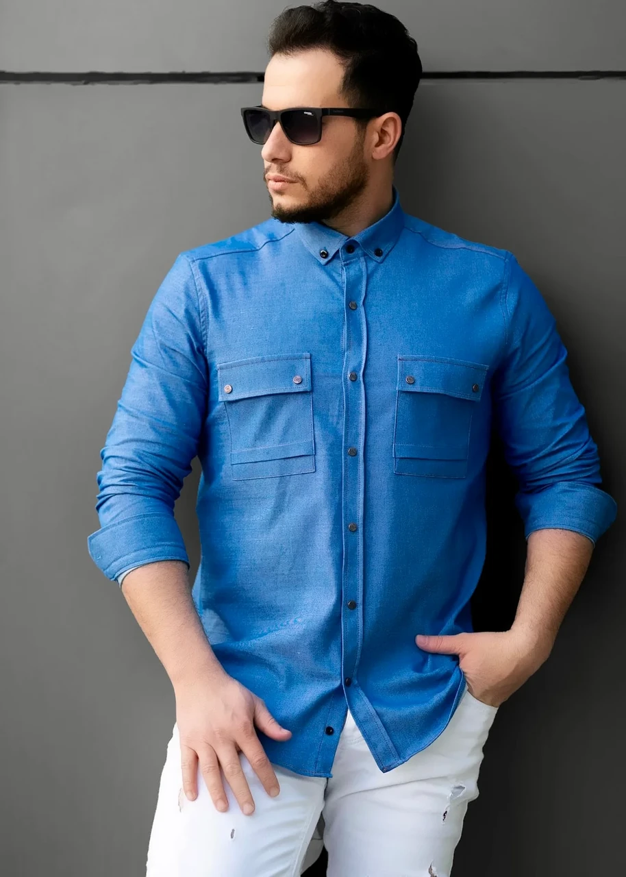 Чоловіча сорочка з тонкого джинсу з кишенею M L XL XXL 28-214-502, фото 1