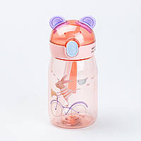 QWE Детская бутылка для воды с трубочкой 500 мл с трубочкой с крышкой флип топ "Медвежонок" Розовая